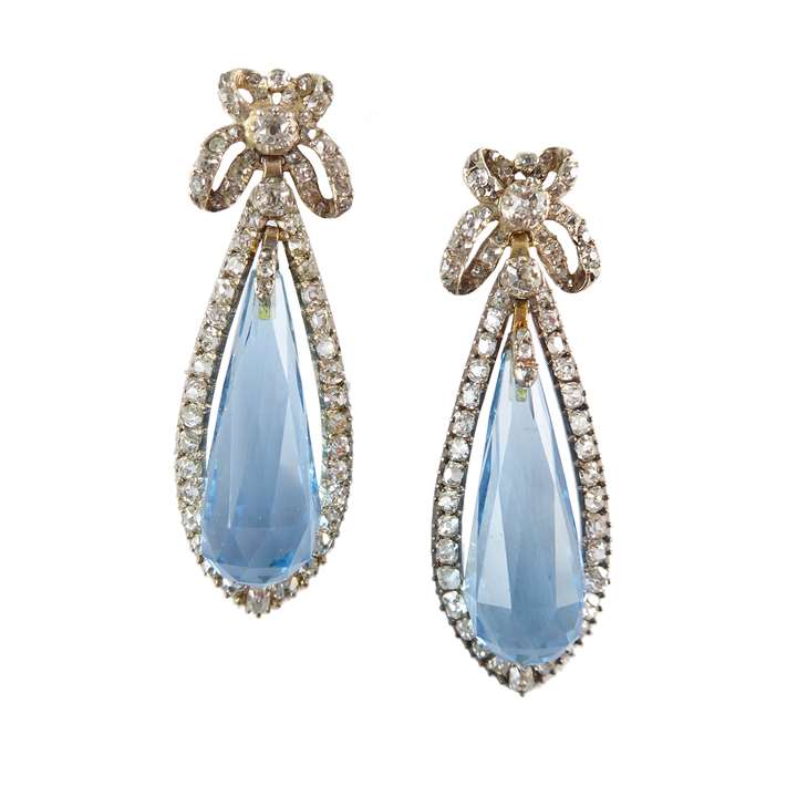 Pair of antique aquamarine briolette and diamond cluster drop earrings, c.1890, with earlier diamond ribbon bow tops,